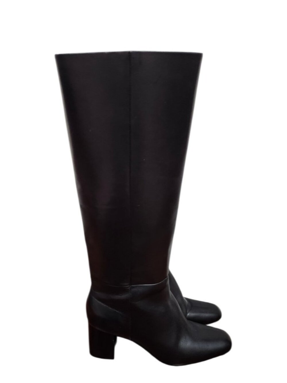Paige Black Leather Knee High Boots Block Heel Minimalist Tall Zip Riding Boots - Picture 5 of 15